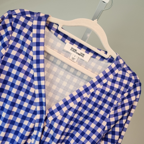 Diane Von Furstenberg DVF Blue Gingham Silk Jersey Julian Long Wrap Dress Sz 6 - Picture 4 of 14